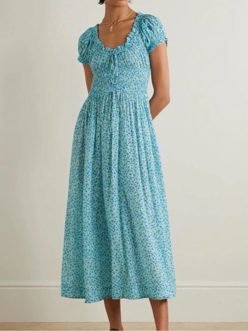 Doen Ashlynn Dress Bleu Daisy Fields Midi With Smocked Bodice Size Large NWOT